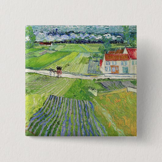 Badge Carré 5 Cm Vincent van Gogh - Paysage avec transport et train (Devant)