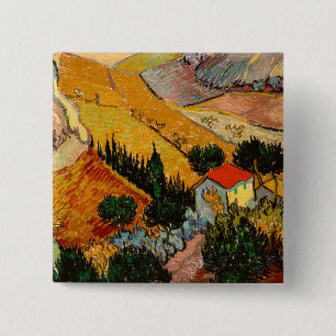 Badge Carré 5 Cm Vincent van Gogh - Paysage, Maison et Laboureur