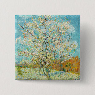 Badge Carré 5 Cm Vincent van Gogh - Pêcher rose en fleurs