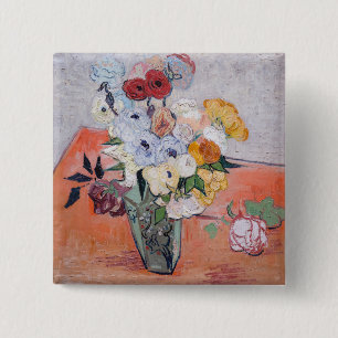 Badge Carré 5 Cm Vincent van Gogh - Vase avec Roses & Anémones