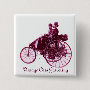 Badge Carré 5 Cm Vintage Cars Gathering, violet rose violet blanc