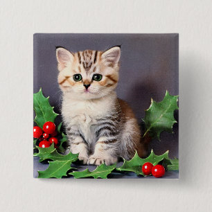 Badge Carré 5 Cm Vintage Christmas Kitten et Holly