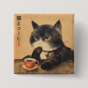 Badge Carré 5 Cm Vintage Japon art chat mignon avec une tasse de ca
