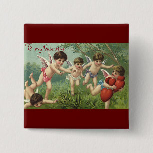 Badge Carré 5 Cm Vintage Saint-Valentin Chérubins avec coeurs d'amo