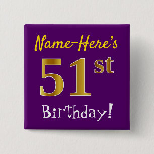 Badge Carré 5 Cm Violet, Or Faux 51e Anniversaire, Avec Nom Personn