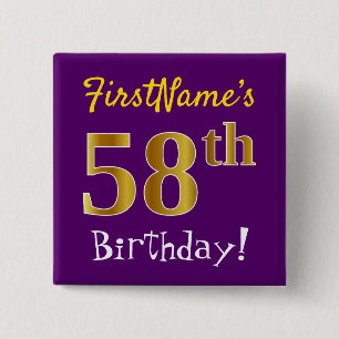 Badge Carré 5 Cm Violet, Or Faux 58e Anniversaire, Avec Nom Personn