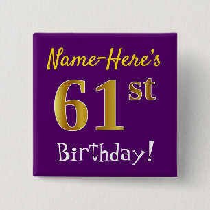 Badge Carré 5 Cm Violet, Or Faux 61e Anniversaire, Avec Nom Personn