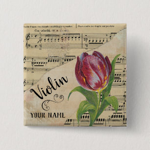 Badge Carré 5 Cm Violon Tulip Partition Vintage Musique Customisée