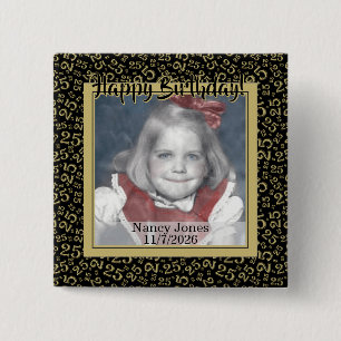 Badge Carré 5 Cm Votre Photo 25 Motif de Nombre Aléatoire Noir/Or