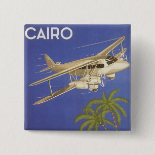 Badge Carré 5 Cm Voyage Vintage vers Le Caire, Égypte, Avion Biplan