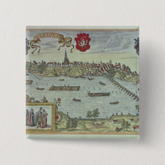 Badge Carré 5 Cm Vue de la ville de Varsovie près de la rivière (Devant)