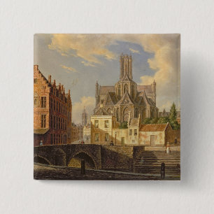 Badge Carré 5 Cm Vue de ville avec la figure pêche dans un canal