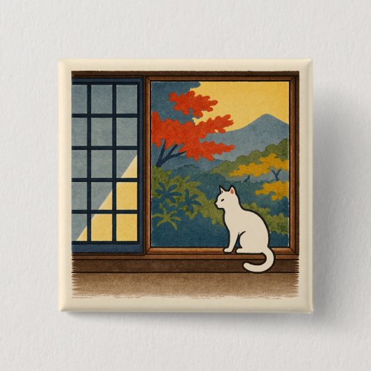 Badge Carré 5 Cm Wa – Quiet Window with White Cat (Devant)