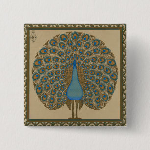 Badge Carré 5 Cm Walter Crane Vintage Or Gold Blue Paon Art