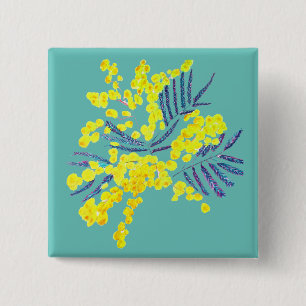 Badge Carré 5 Cm Wattle Mimosa fleurie jaune Australie