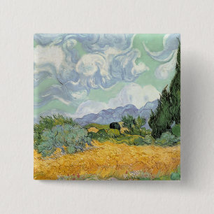 Badge Carré 5 Cm Wheatfield de Vincent van Gogh   avec des cyprès,