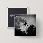 Badge Carré 5 Cm Witch flying on the broom with her cat (Devant & derrière)