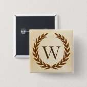 Badge Carré 5 Cm Wreath Laurel sur Parchemin Monogramme initial W (Devant & derrière)