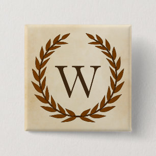 Badge Carré 5 Cm Wreath Laurel sur Parchemin Monogramme initial W
