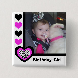 Badge Carré 5 Cm Zebra Heart : Fille d'anniversaire : Bouton Image
