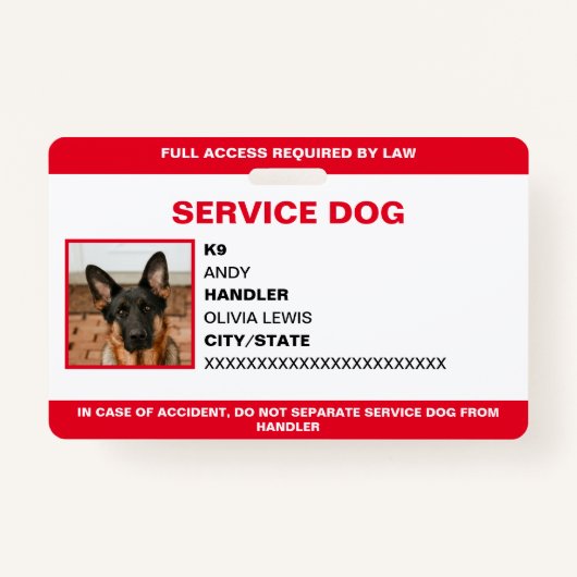 Badge Carte Ada personnalisée Service Chien photo ID (Devant)