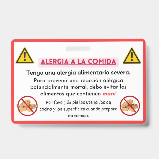 Badge Carte Chef d'alerte d'allergie aux arachides espag (Avant)