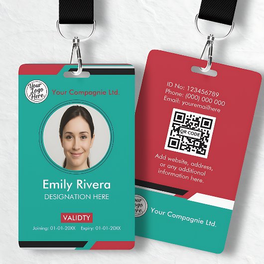 Badge Carte d'accès professionnelle sarcelle et rouge av