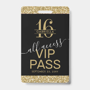 Badge Carte d'accès VIP Sweet 16 noire et or Invitation