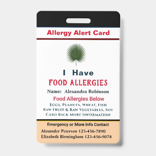 Badge Carte d'alerte Allergies d'identification personna (Face)