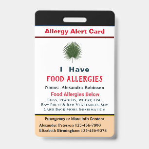 Badge Carte d'alerte d'identification des allergies ID p