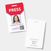 Badge Carte de presse avec photo et code QR (Avant & arrière)