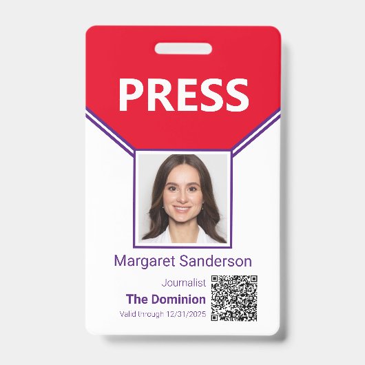 Badge Carte de presse avec photo et code QR (Avant)