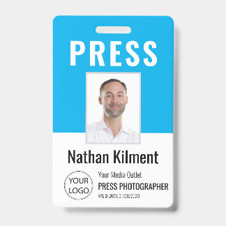 Badge Carte de presse journaliste photo nom logo ID bleu