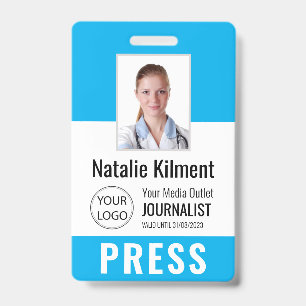 Badge Carte de presse journaliste photo nom logo ID bleu