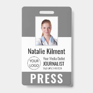 Badge Carte de presse journaliste Photo Nom Logo ID Gris