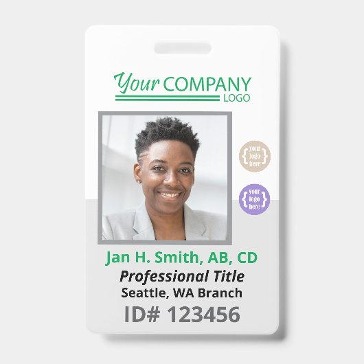 Badge Carte d'entrée photo d'employé du logo vert, code (Avant)