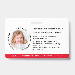 Badge Carte d'Identification d'Alergie d'Avertissement d