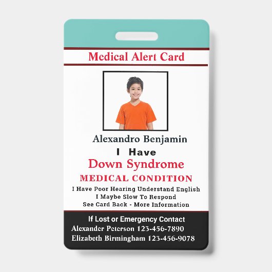 Badge Carte d'identification de l'ID d'alerte Médicale p (Avant)