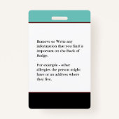 Badge Carte d'identification de l'ID d'alerte Médicale p (Dos)