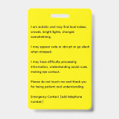 Badge Carte d'identification photo d'alerte autisme Tour (Arrière)