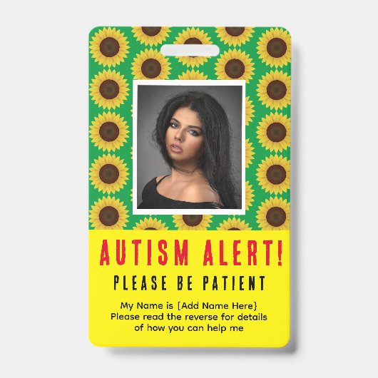 Badge Carte d'identification photo d'alerte autisme Tour (Avant)