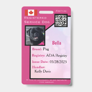 Badge Carte d'identité de chien de service rose vertical