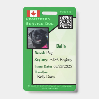 Badge Carte d'identité de chien de service verte vertica