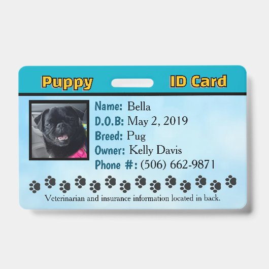 Badge Carte d'identité de chiot - Bleue (Avant)