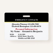 Badge Carte d'identité de contact d'urgence Médicale per (Dos)