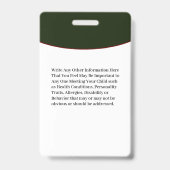 Badge Carte d'identité de fille pour enfant en cas d'urg (Back)