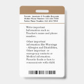 Badge Carte d'identité de l'enfant de l'école (Back)