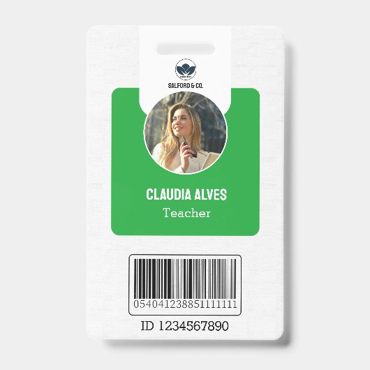 Badge Carte d'identité de l'enseignant simple | Green Co (Face)
