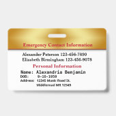 Badge Carte d'identité des contacts d'alerte Médicale d' (Back)