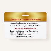 Badge Carte d'identité des contacts d'alerte Médicale d' (Dos)